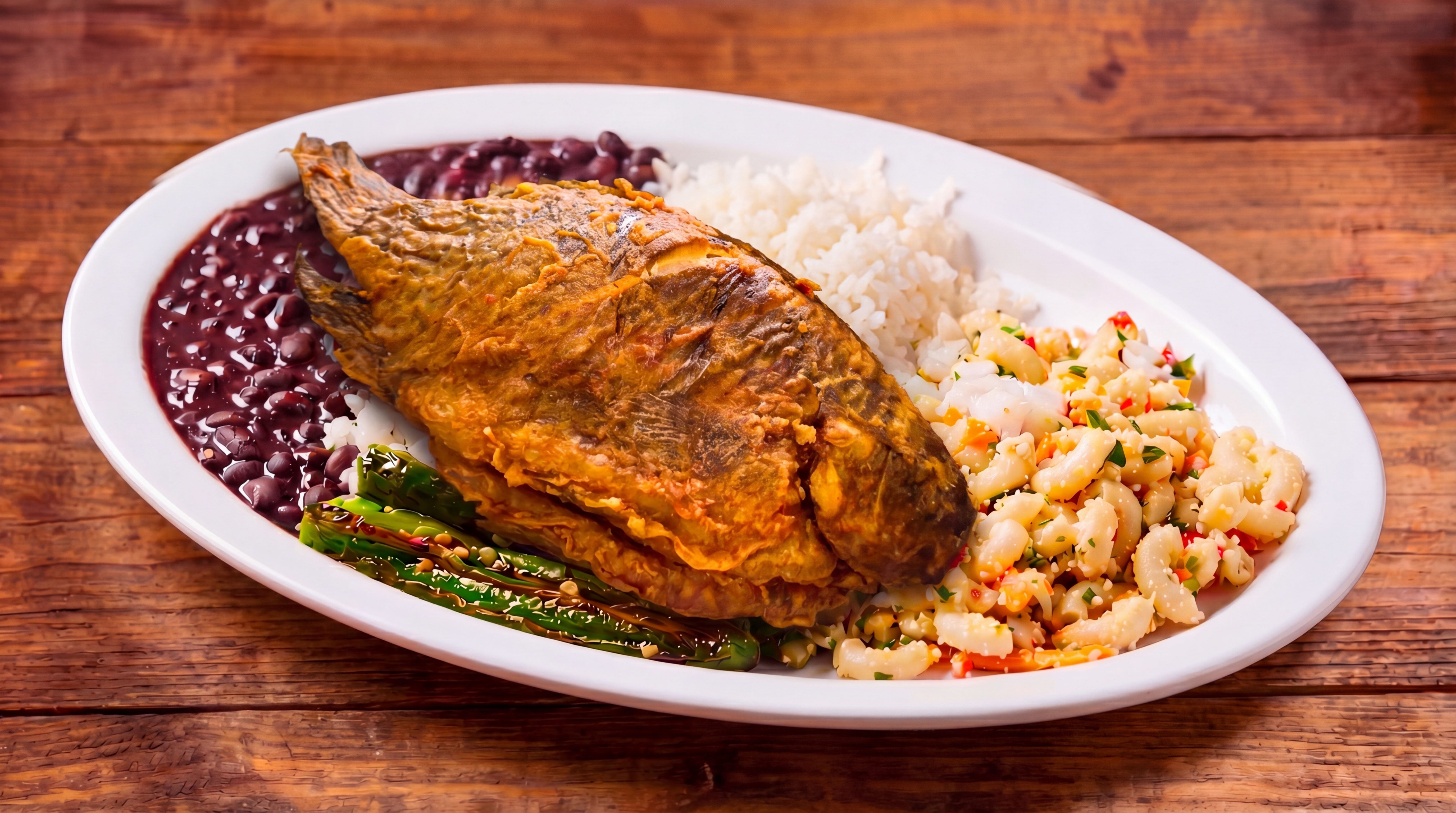 Pescado Frito con arroz, frijol, ensalada, tortilla y chile